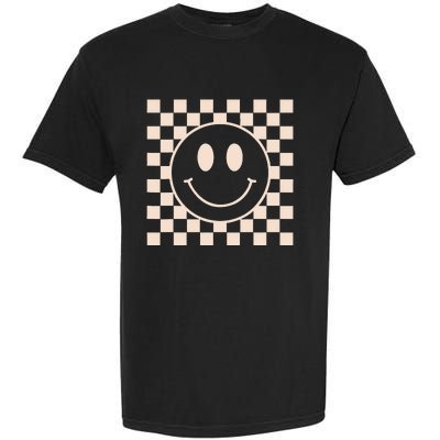 Retro Happy Face Checkered Pattern Garment-Dyed Heavyweight T-Shirt