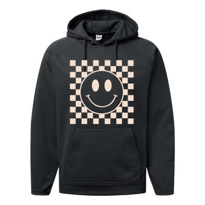 Retro Happy Face Checkered Pattern Performance Fleece Hoodie