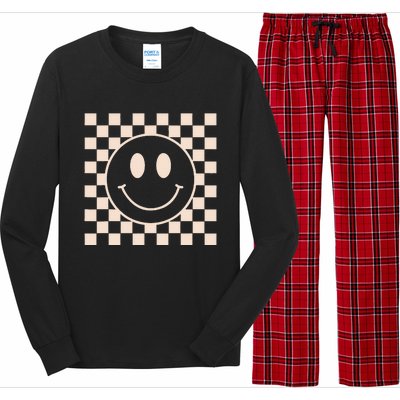 Retro Happy Face Checkered Pattern Long Sleeve Pajama Set