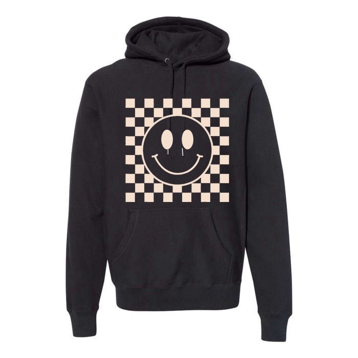 Retro Happy Face Checkered Pattern Premium Hoodie