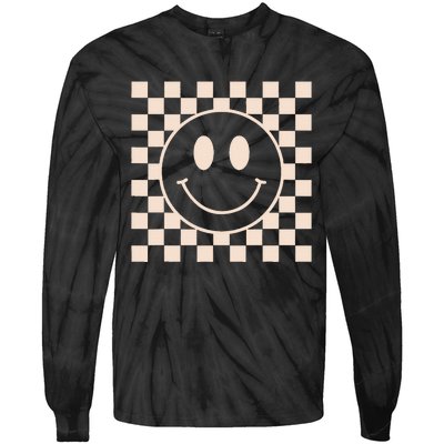 Retro Happy Face Checkered Pattern Tie-Dye Long Sleeve Shirt