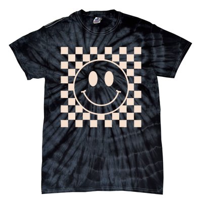 Retro Happy Face Checkered Pattern Tie-Dye T-Shirt