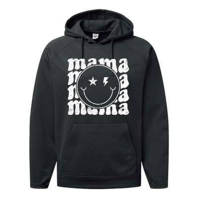 Retro Happy Face Mama Groovy Trendy New Mom Smile Face Performance Fleece Hoodie