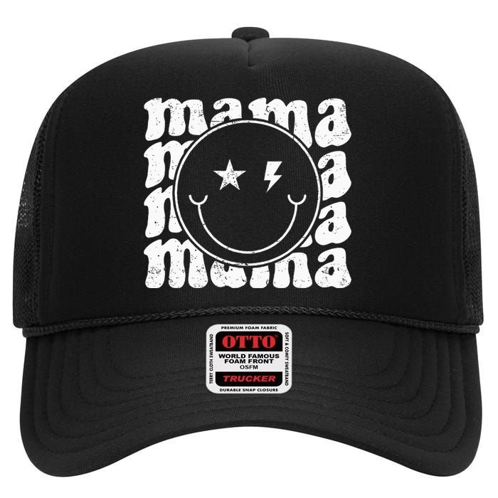 Retro Happy Face Mama Groovy Trendy New Mom Smile Face High Crown Mesh Back Trucker Hat