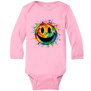 Retro Happy Face Rainbow Tiedye Splatter 70s Peace Smile Baby Long Sleeve Bodysuit