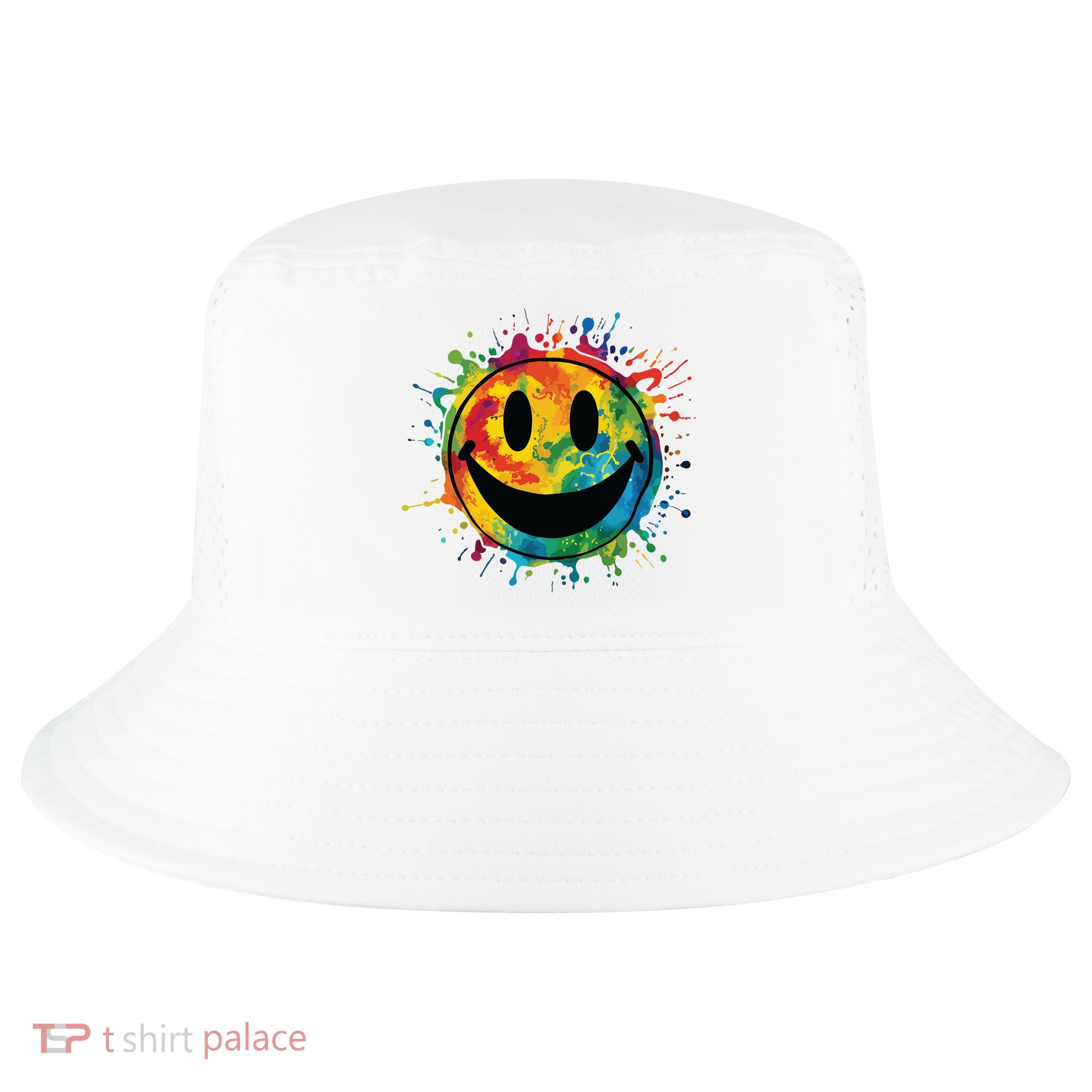 Retro Happy Face Rainbow Tiedye Splatter 70s Peace Smile Cool Comfort Performance Bucket Hat
