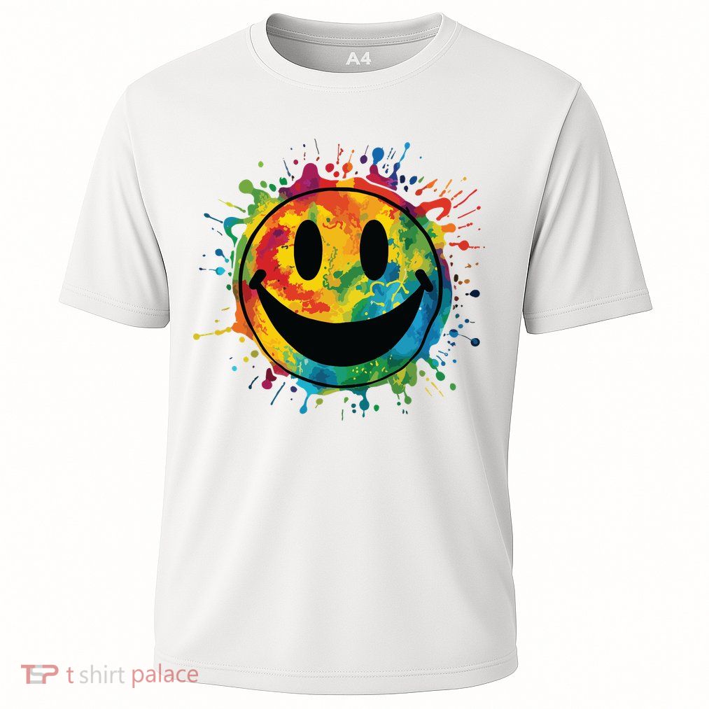 Retro Happy Face Rainbow Tiedye Splatter 70s Peace Smile Cooling Performance Crew T-Shirt