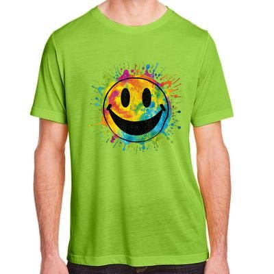 Retro Happy Face Rainbow Tiedye Splatter – 70s Peace Smile Adult ChromaSoft Performance T-Shirt