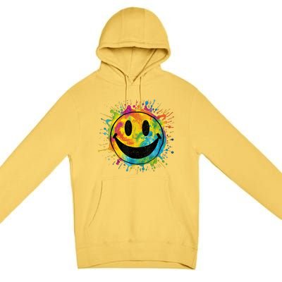 Retro Happy Face Rainbow Tiedye Splatter – 70s Peace Smile Premium Pullover Hoodie