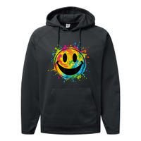 Retro Happy Face Rainbow Tiedye Splatter – 70s Peace Smile Performance Fleece Hoodie