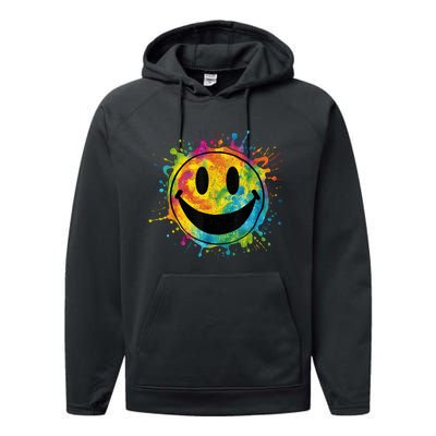 Retro Happy Face Rainbow Tiedye Splatter – 70s Peace Smile Performance Fleece Hoodie