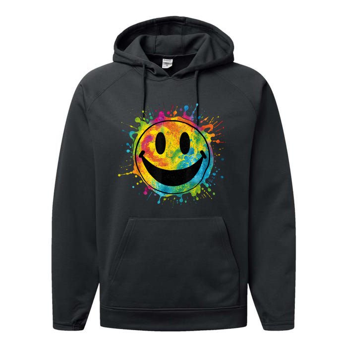 Retro Happy Face Rainbow Tiedye Splatter – 70s Peace Smile Performance Fleece Hoodie