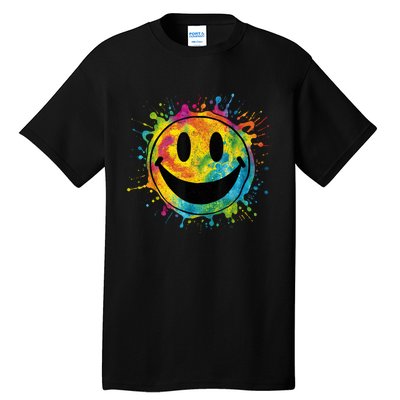 Retro Happy Face Rainbow Tiedye Splatter – 70s Peace Smile Tall T-Shirt