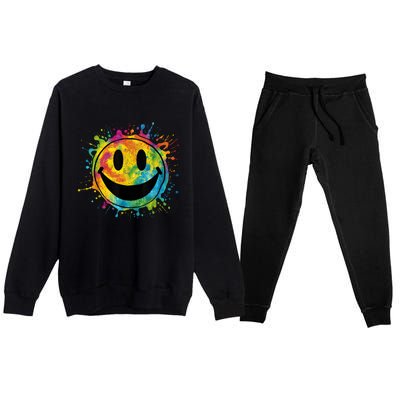 Retro Happy Face Rainbow Tiedye Splatter – 70s Peace Smile Premium Crewneck Sweatsuit Set