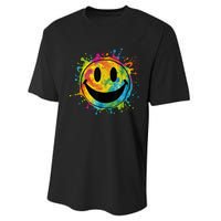 Retro Happy Face Rainbow Tiedye Splatter – 70s Peace Smile Performance Sprint T-Shirt