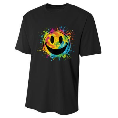 Retro Happy Face Rainbow Tiedye Splatter – 70s Peace Smile Performance Sprint T-Shirt