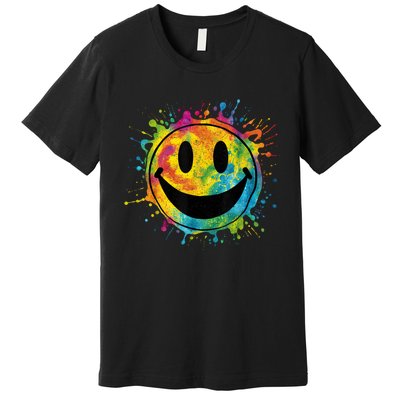 Retro Happy Face Rainbow Tiedye Splatter – 70s Peace Smile Premium T-Shirt