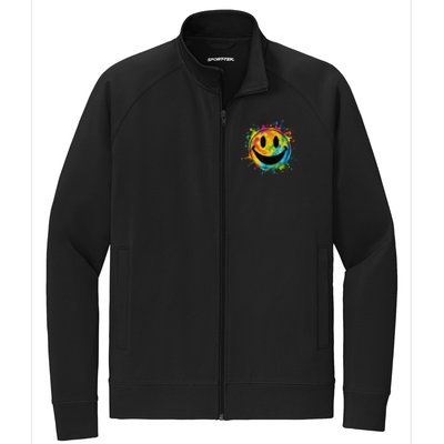 Retro Happy Face Rainbow Tiedye Splatter – 70s Peace Smile Stretch Full-Zip Cadet Jacket