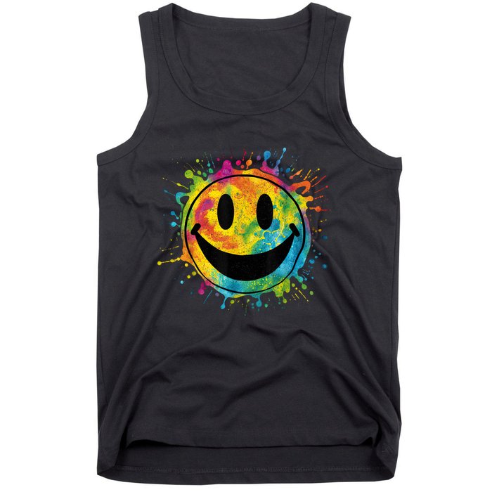 Retro Happy Face Rainbow Tiedye Splatter – 70s Peace Smile Tank Top