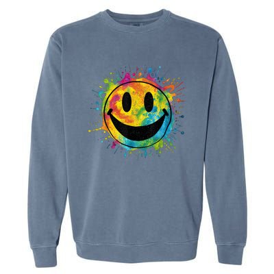 Retro Happy Face Rainbow Tiedye Splatter – 70s Peace Smile Garment-Dyed Sweatshirt