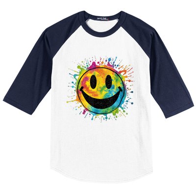 Retro Happy Face Rainbow Tiedye Splatter – 70s Peace Smile Baseball Sleeve Shirt