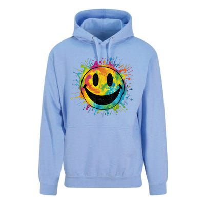 Retro Happy Face Rainbow Tiedye Splatter – 70s Peace Smile Unisex Surf Hoodie