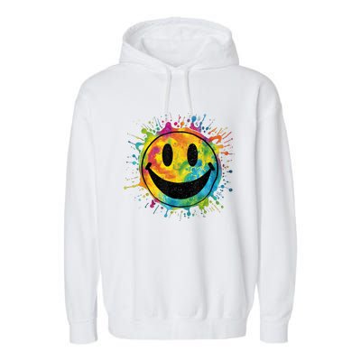 Retro Happy Face Rainbow Tiedye Splatter – 70s Peace Smile Garment-Dyed Fleece Hoodie