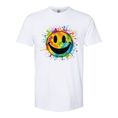 Retro Happy Face Rainbow Tiedye Splatter – 70s Peace Smile Softstyle CVC T-Shirt