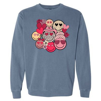 Retro Happy Face Smile Trendy Hippe Heart Valentine's Day Garment-Dyed Sweatshirt