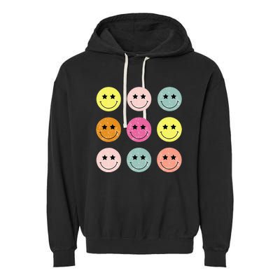 Retro Happy Face Checkered Pattern Garment-Dyed Fleece Hoodie