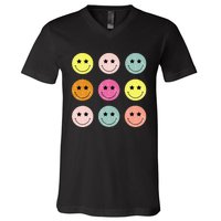 Retro Happy Face Checkered Pattern V-Neck T-Shirt