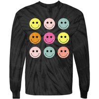 Retro Happy Face Checkered Pattern Tie-Dye Long Sleeve Shirt