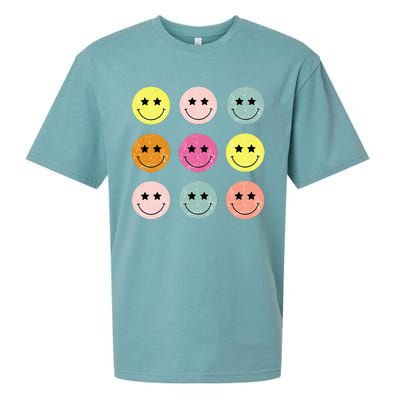 Retro Happy Face Checkered Pattern Sueded Cloud Jersey T-Shirt