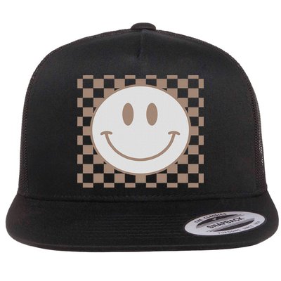 Retro Happy Face Checkered Pattern Smile Face Trendy Flat Bill Trucker Hat
