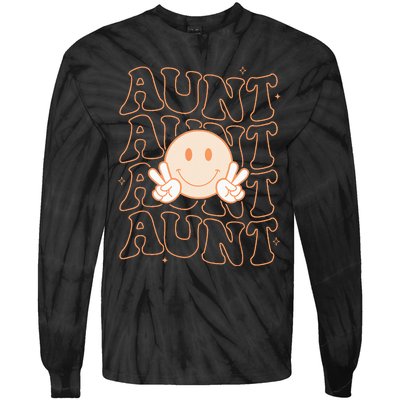 Retro Happy Face Aunt Groovy Smile Face Funny Auntie Tie-Dye Long Sleeve Shirt