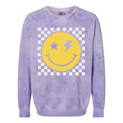 Retro Happy Face Checkered Pattern Smile Face Trendy Smiling Colorblast Crewneck Sweatshirt