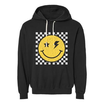 Retro Happy Face Checkered Pattern Smile Face Trendy Smiling Garment-Dyed Fleece Hoodie