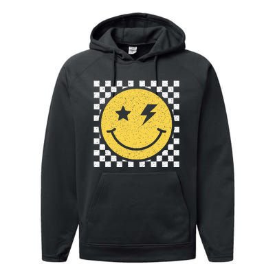 Retro Happy Face Checkered Pattern Smile Face Trendy Smiling Performance Fleece Hoodie