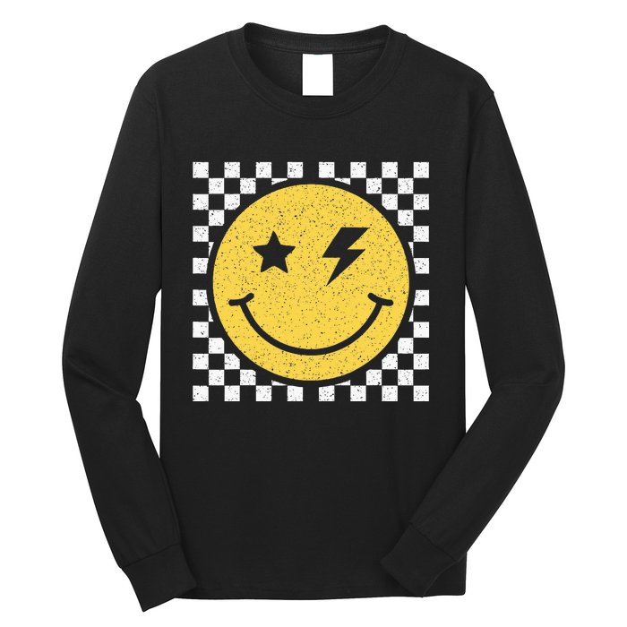 Retro Happy Face Checkered Pattern Smile Face Trendy Smiling Long Sleeve Shirt