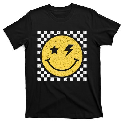 Retro Happy Face Checkered Pattern Smile Face Trendy Smiling T-Shirt