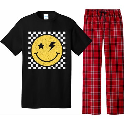 Retro Happy Face Checkered Pattern Smile Face Trendy Smiling Pajama Set