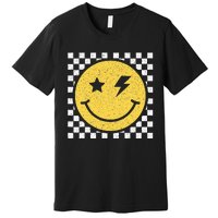 Retro Happy Face Checkered Pattern Smile Face Trendy Smiling Premium T-Shirt