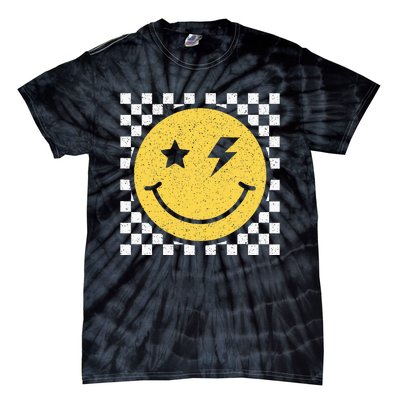 Retro Happy Face Checkered Pattern Smile Face Trendy Smiling Tie-Dye T-Shirt