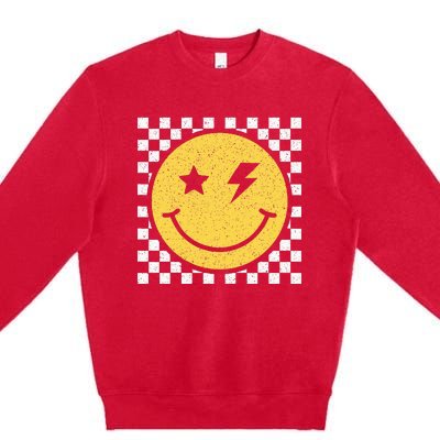 Retro Happy Face Checkered Pattern Smile Face Trendy Smiling Premium Crewneck Sweatshirt