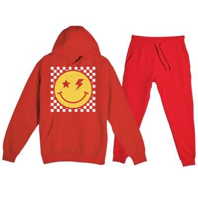 Retro Happy Face Checkered Pattern Smile Face Trendy Smiling Premium Hooded Sweatsuit Set