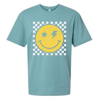 Retro Happy Face Checkered Pattern Smile Face Trendy Smiling Sueded Cloud Jersey T-Shirt