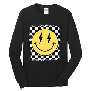 Retro Happy Face Checkered Pattern Smile Face Trendy Tall Long Sleeve T-Shirt