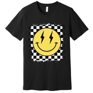 Retro Happy Face Checkered Pattern Smile Face Trendy Premium T-Shirt