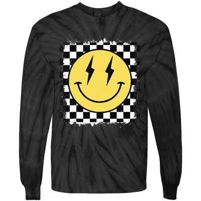 Retro Happy Face Checkered Pattern Smile Face Trendy Tie-Dye Long Sleeve Shirt