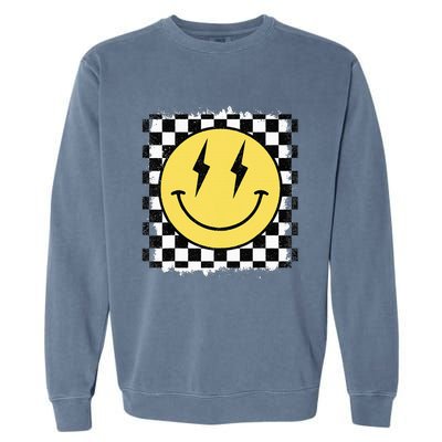 Retro Happy Face Checkered Pattern Smile Face Trendy Garment-Dyed Sweatshirt